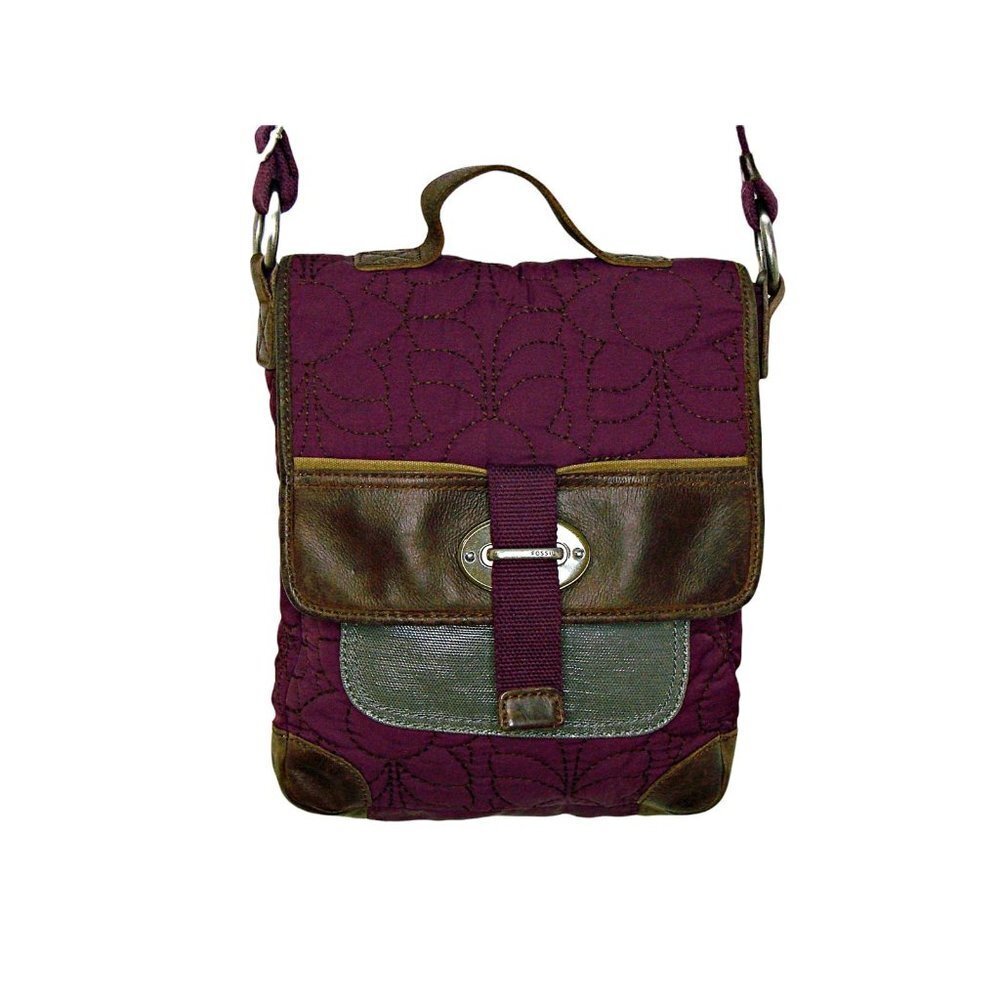 Womens Fossil Quilted Fabric Embroidered Floral Leather Crossbody Bag Purple
